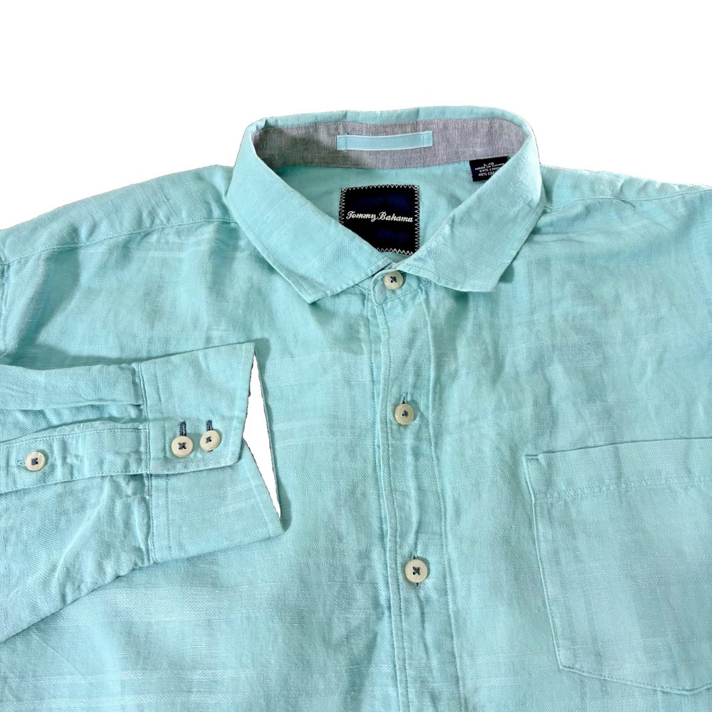 Tommy Bahama Shirt Mens Large Blue Linen Cotton Button Up Shirt Resort Vacation
